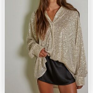 Brand New By Together Sequin Long Sleeve Button Down Blouse Sparkly Party Top